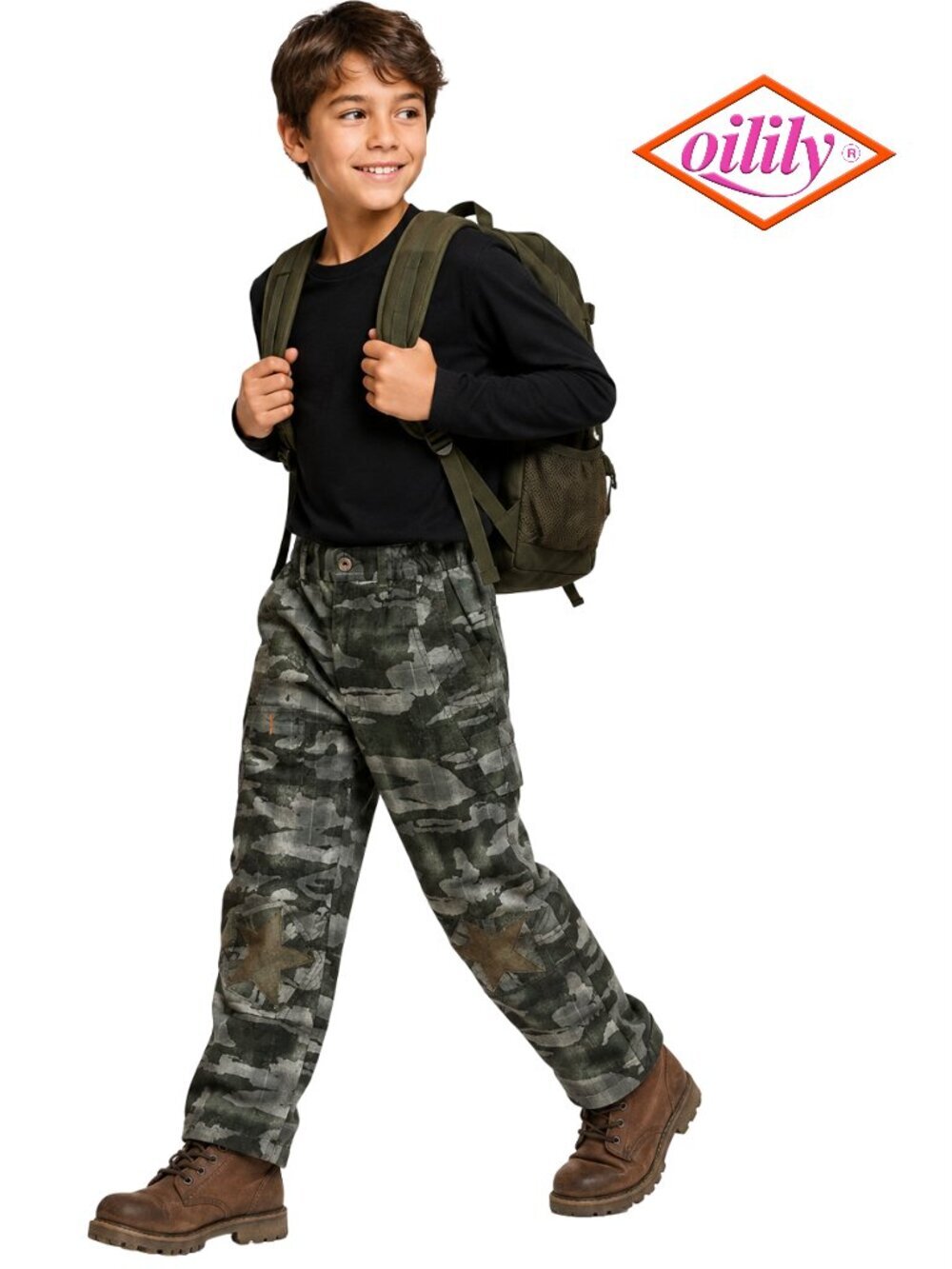 Oilily Camouflage Utility Cargo Pants Jeans Cotton Linen Star Knee Patches 12 Yr